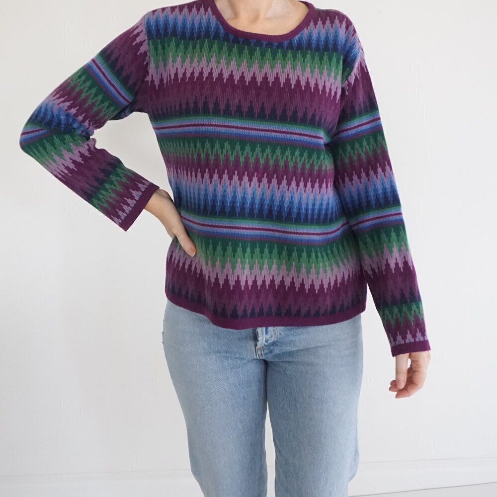 Vintage Liz Claiborne Lizwear 100% Cotton Purple Blue Knit Zig Zag Sweater M